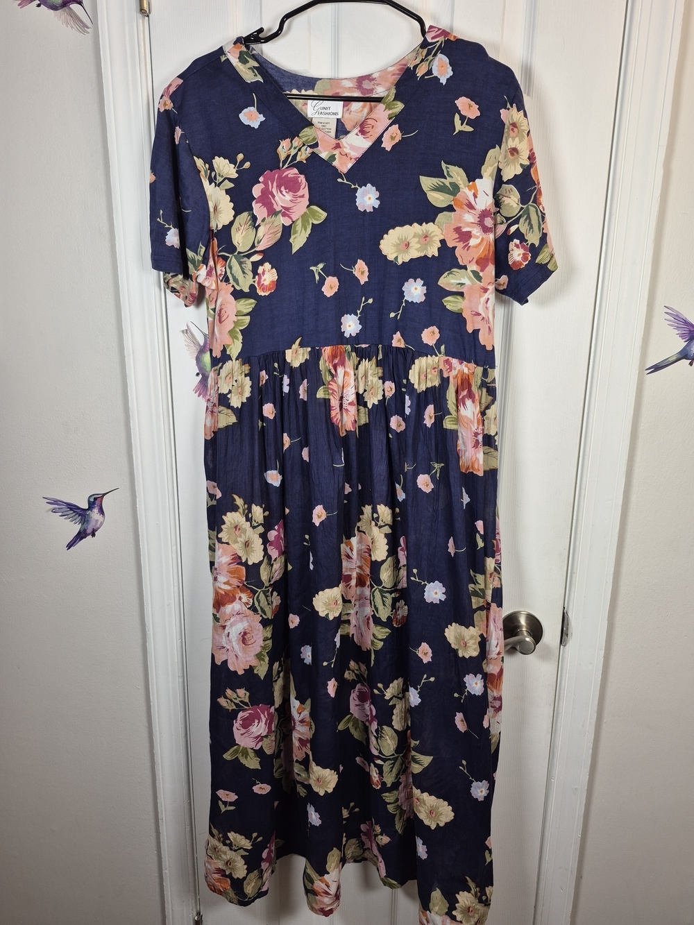 Vintage 90s Cottage Core Whimsigoith Floral 100% Cotton Midi Dress Navy Blue L